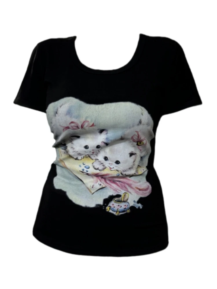 【Amy家】微胖mm美式辣妹猫咪短袖T恤女夏季设计感印花修身显瘦上衣
