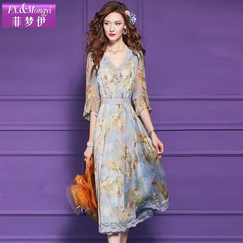 菲梦伊亚麻桑蚕丝连衣裙女喇叭袖夏装收腰钉珠裙子64757