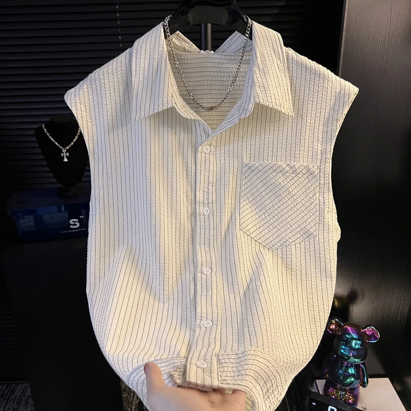 夏时尚简约撞色条纹复古老钱风坎肩衬衫潮流男士宽松无袖百搭上衣