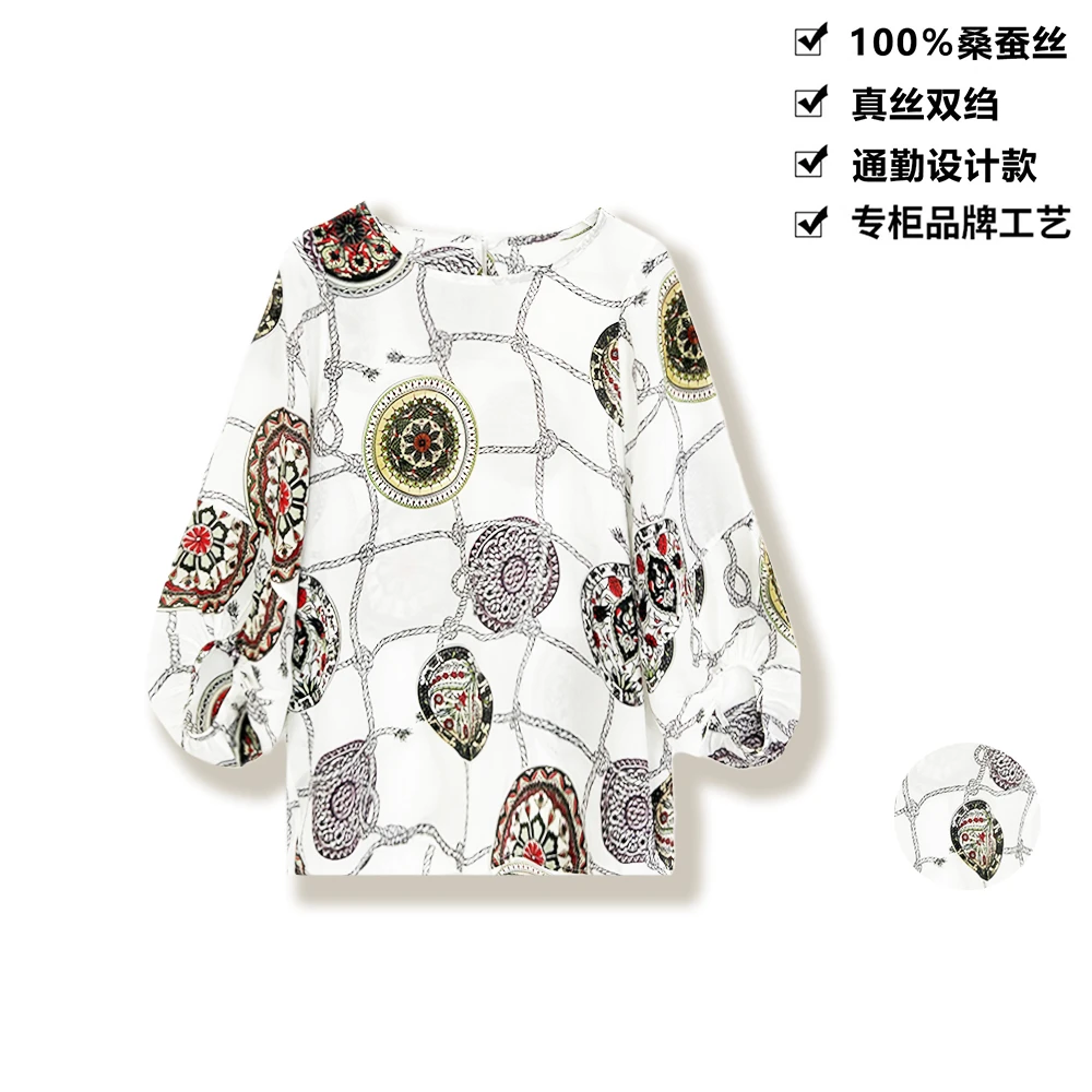 16姆米100桑蚕丝小衫织白印记民族风圆领灯笼袖真丝上衣DLX232