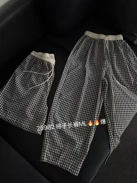 25982夏季撞色格子休闲裤