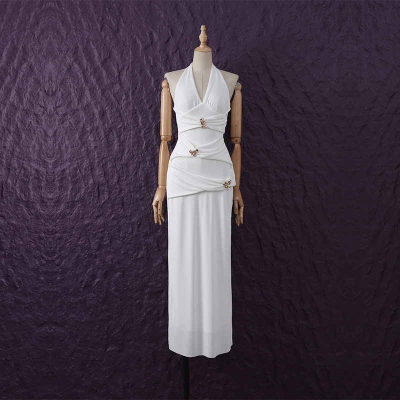 越南小众设计纯欲风性感露背深V领收腰显瘦褶皱挂脖包臀连衣裙女