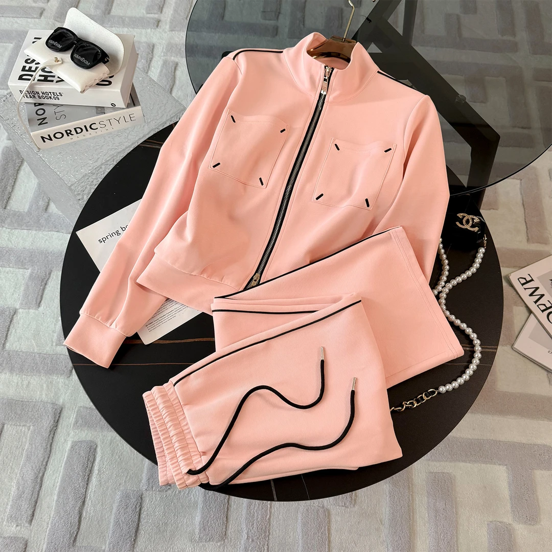 时尚休闲运动套装女早秋新款修身显瘦开衫立体卫衣阔腿长裤两件套