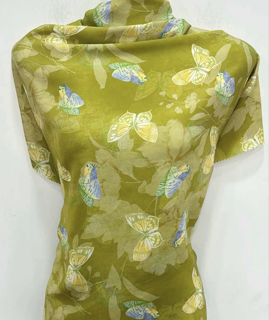 高支丝光棉贡缎 玉蝶花间数码印花面料新工艺连衣裙旗袍柔软透气