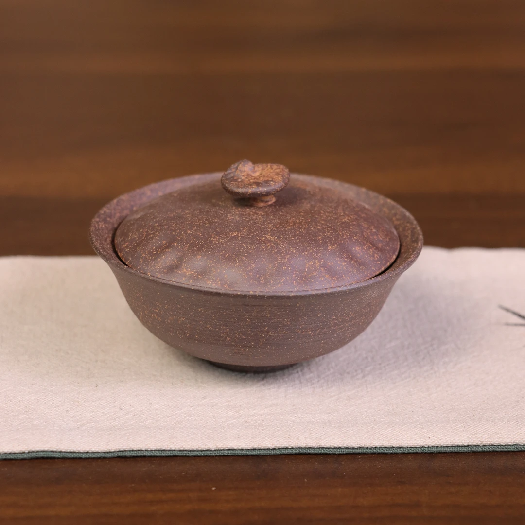 【老岩泥雾灰】黑金灵芝元宝二才盖碗.6846.原矿裸烧粗陶主泡器
