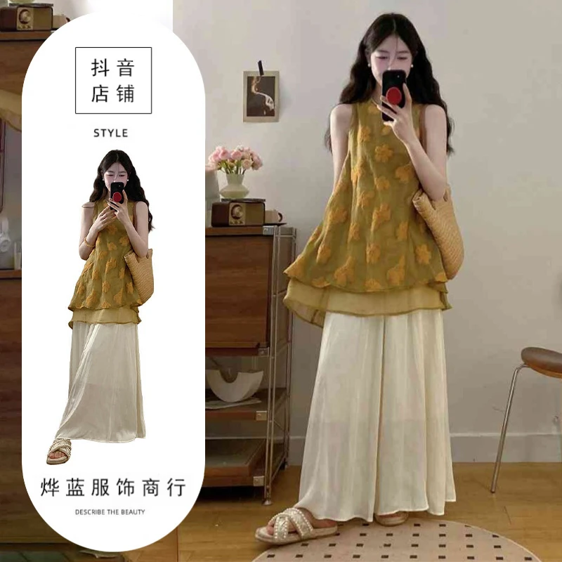 大码女装休闲套装夏季设计感无袖上衣胖MM遮肚显瘦半身裙子两件套