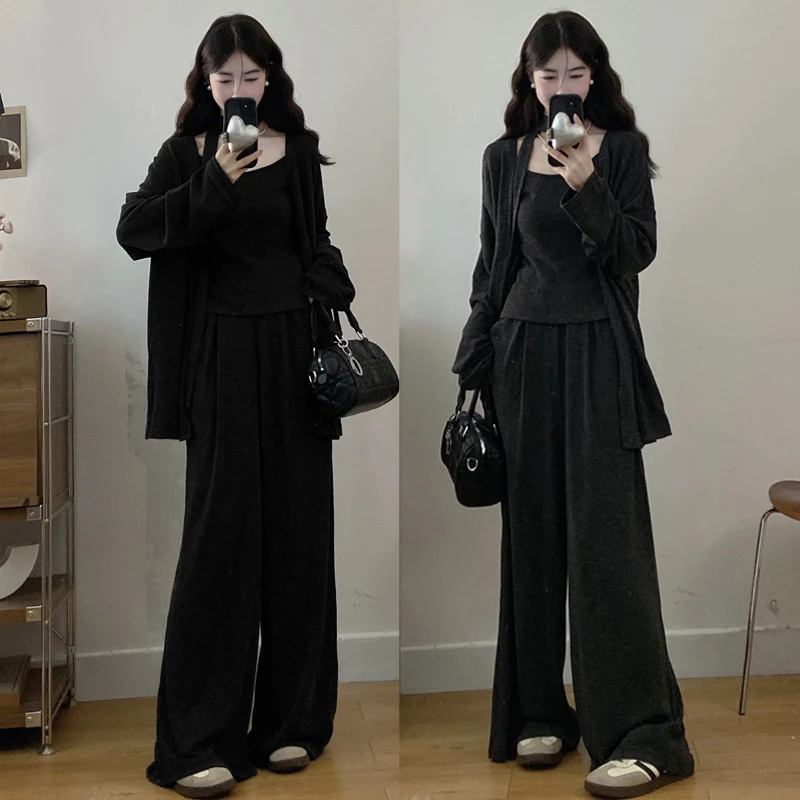 大码胖mm巨显瘦套装吊带外披长裤休闲三件套女秋冬穿搭一整套女