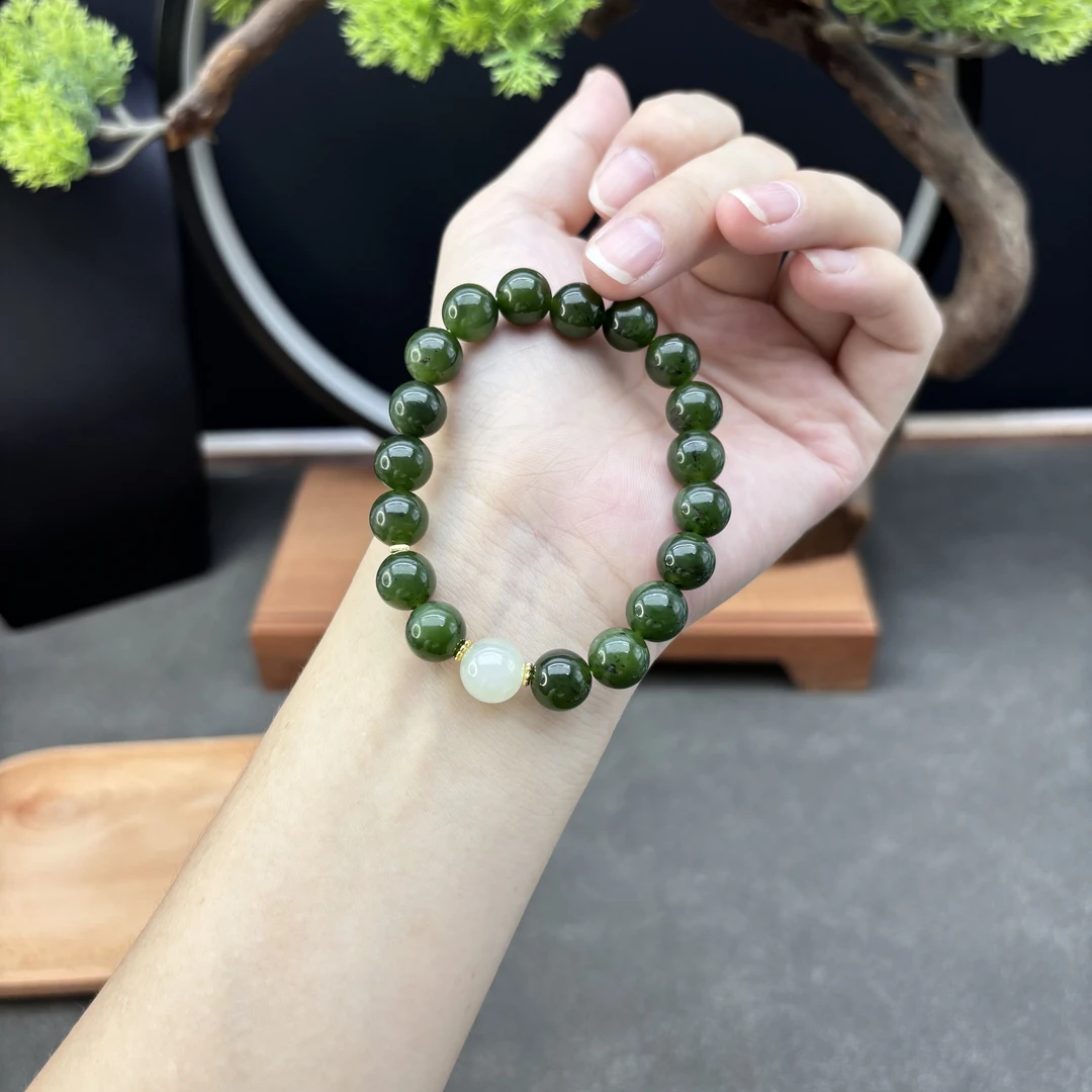 单圈和田玉菠菜绿碧玉卡9.5MM搭配路路通配饰手串简约B9499