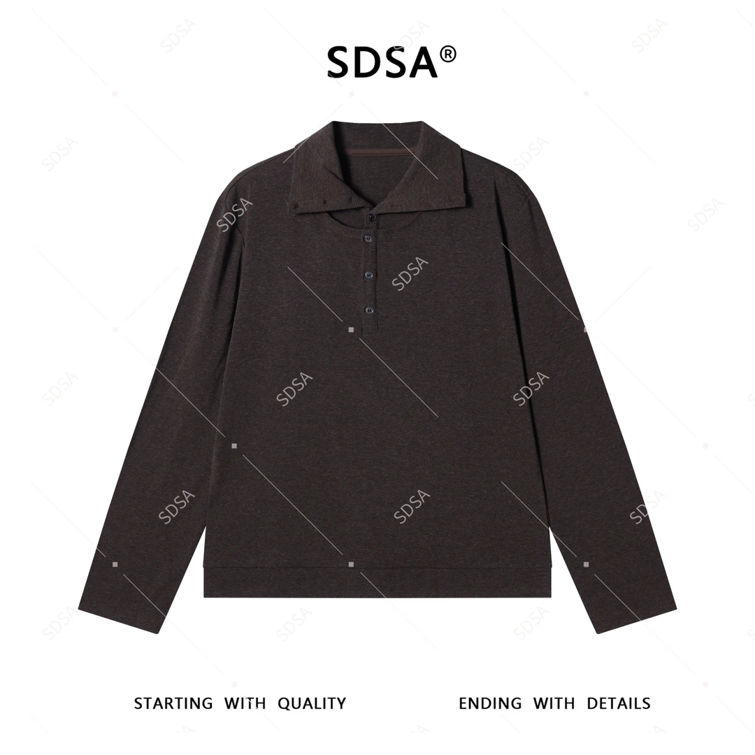 SDSA男士秋冬新款轻奢痞帅男装纯色半纽扣翻领长袖T恤潮牌舒适潮