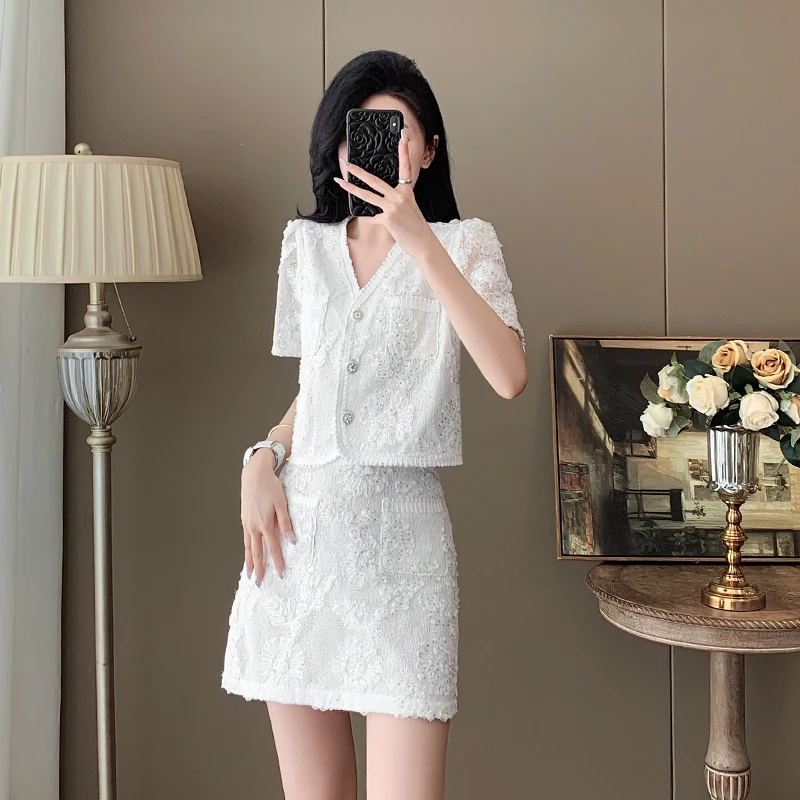 法式小香风蕾丝套装夏装女2025新款时尚气质洋气半身裙两件套显瘦