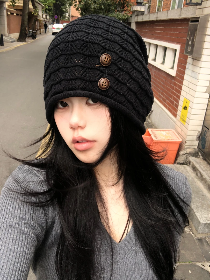 多纽扣古着感简约高级堆堆帽缝线帽子加绒防寒百搭时尚加厚包头帽