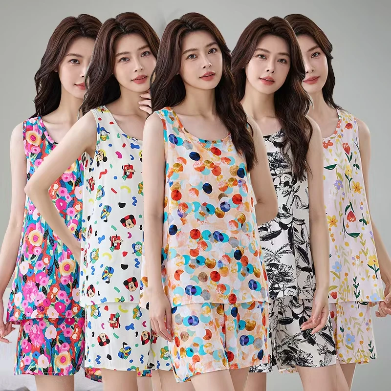 【高定版】甜美风无袖背心短裤两件套夏季棉绸睡衣女套装休闲家居服