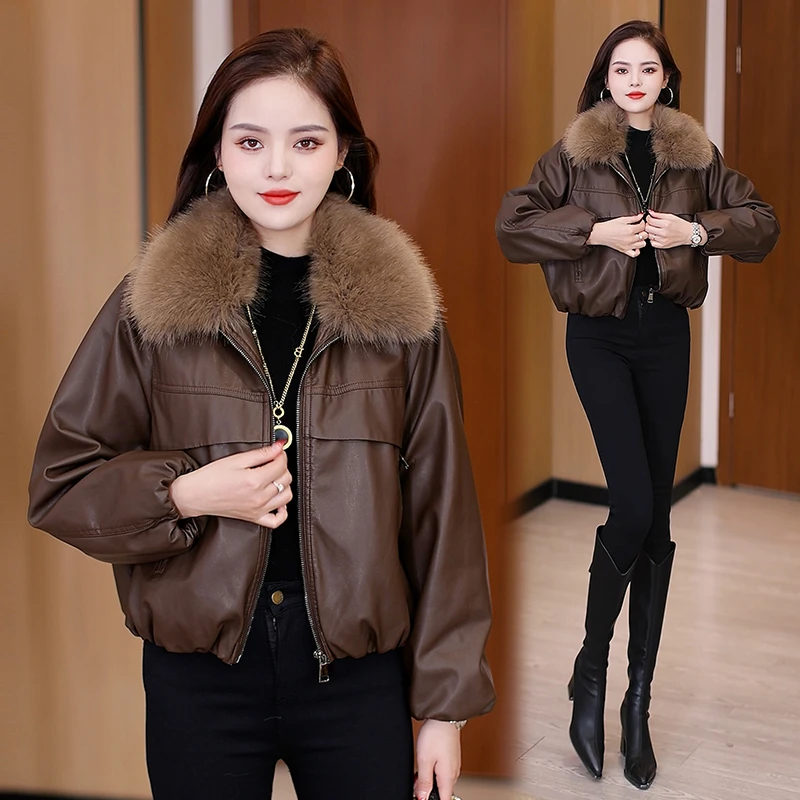 高级感加绒加厚时尚皮衣女士冬季新款带毛领短款皮夹克洋气皮外套