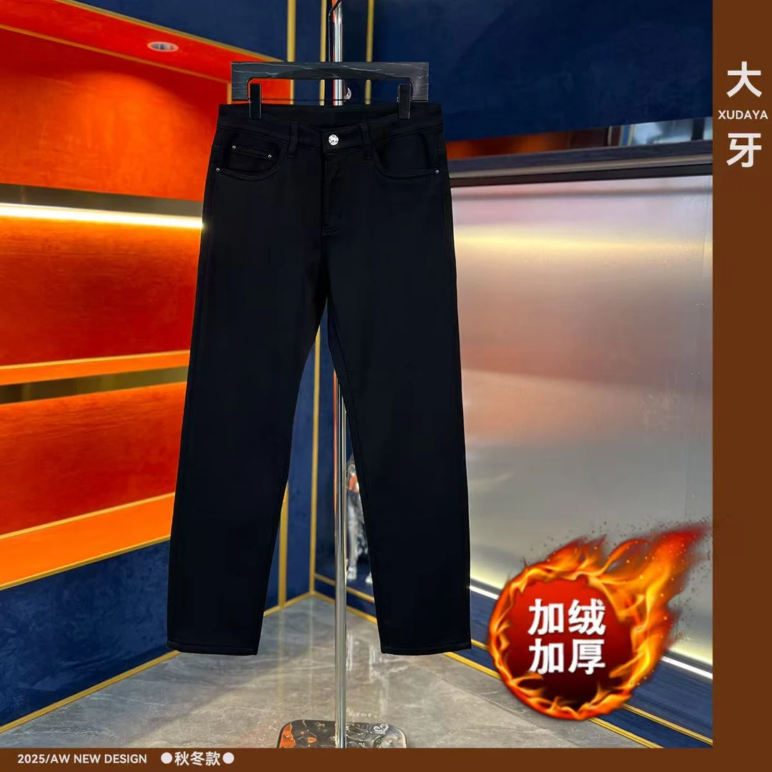 【大牙】991#纯黑色牛仔裤2025冬季加绒男商务轻奢弹力修身小直筒