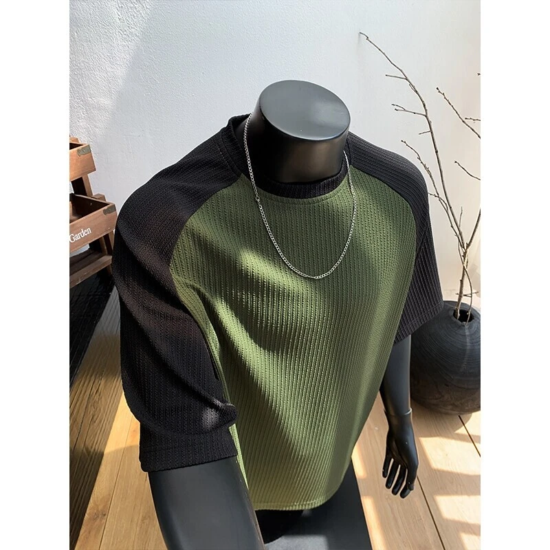 细条纹插肩大码五分短袖T恤男夏季美式复古潮牌百搭休闲内搭上衣