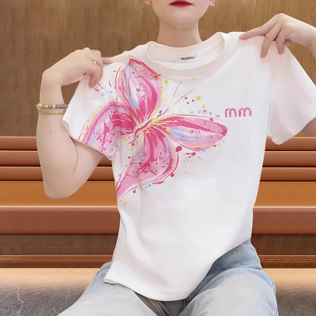 纯棉甜美减龄蝴蝶印花短袖T恤女士2025夏季新款百搭温柔知性衣服
