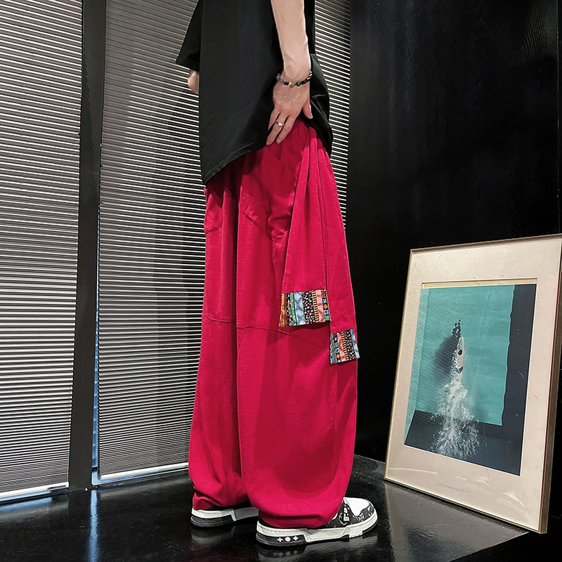 高级感藏式印花棉麻阔腿长裤男春夏新中式国风宽松小众直筒拖地裤