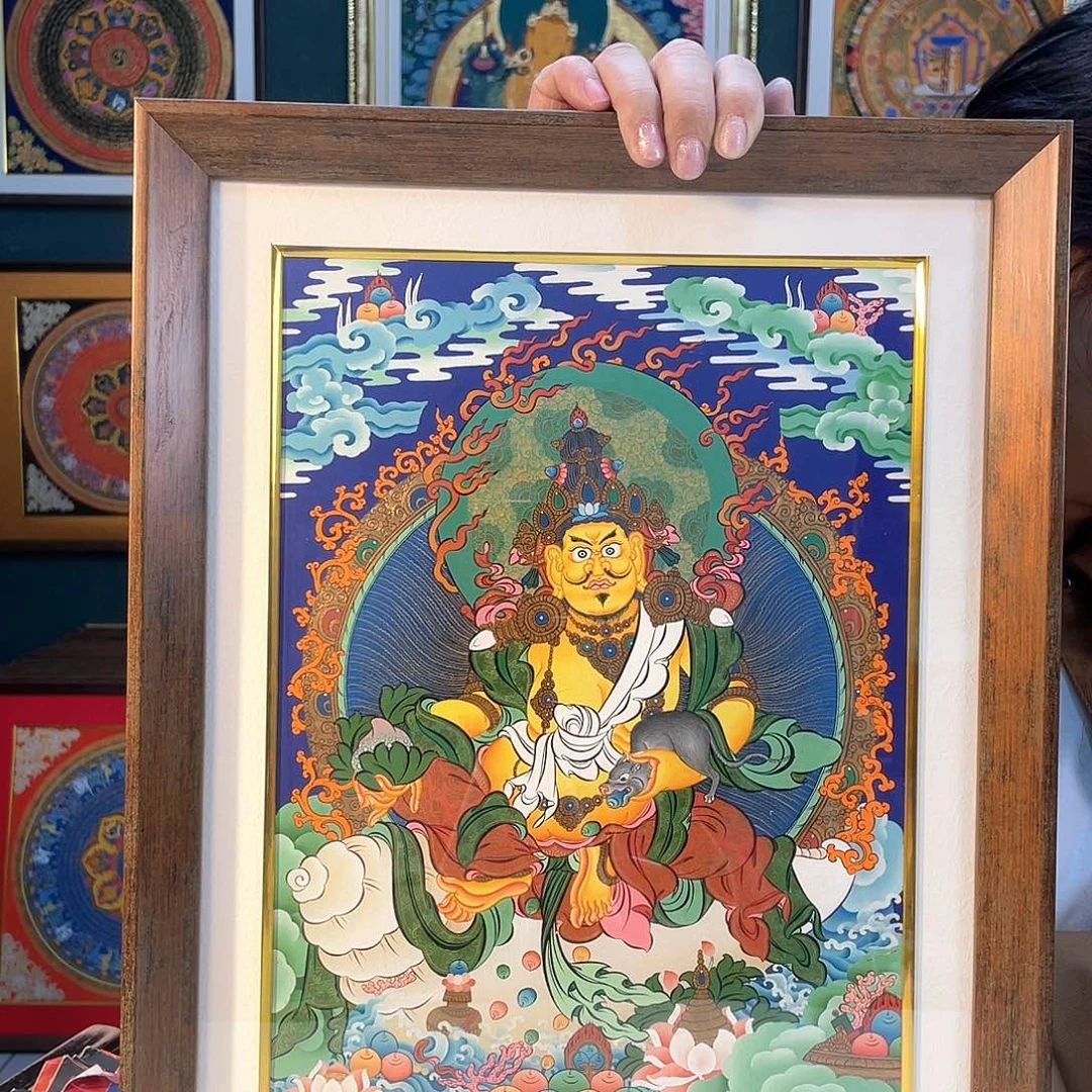 卷轴画手绘唐卡 黄财带框45*35厘米