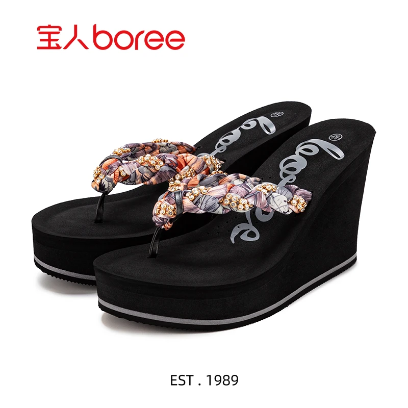 Boree/宝人夏季人字拖10cm水钻厚底拖鞋超高跟黑色女外穿时尚百搭