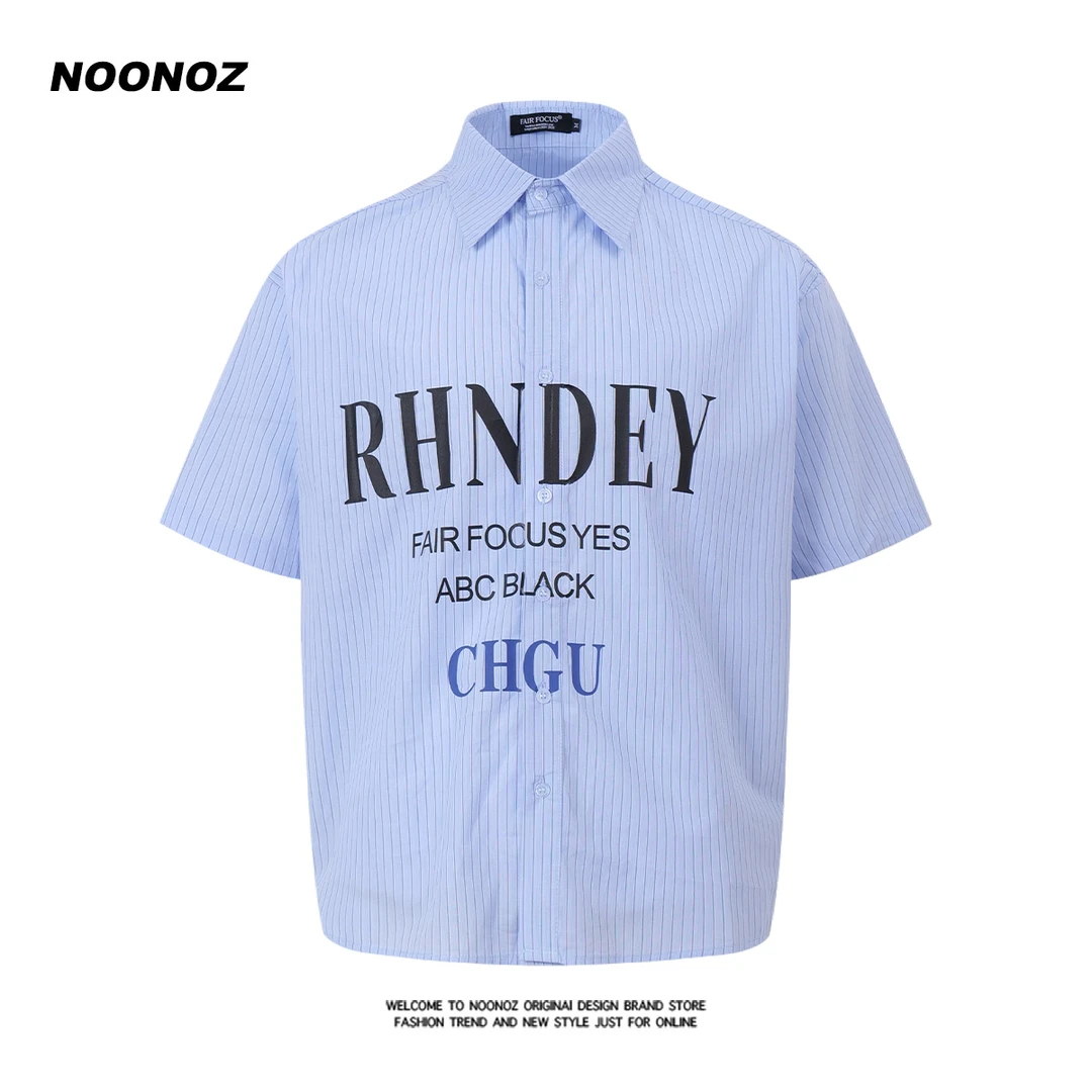 NOONOZ复古美式条纹标语短袖衬衫男夏季高级感vintage休闲衬衣