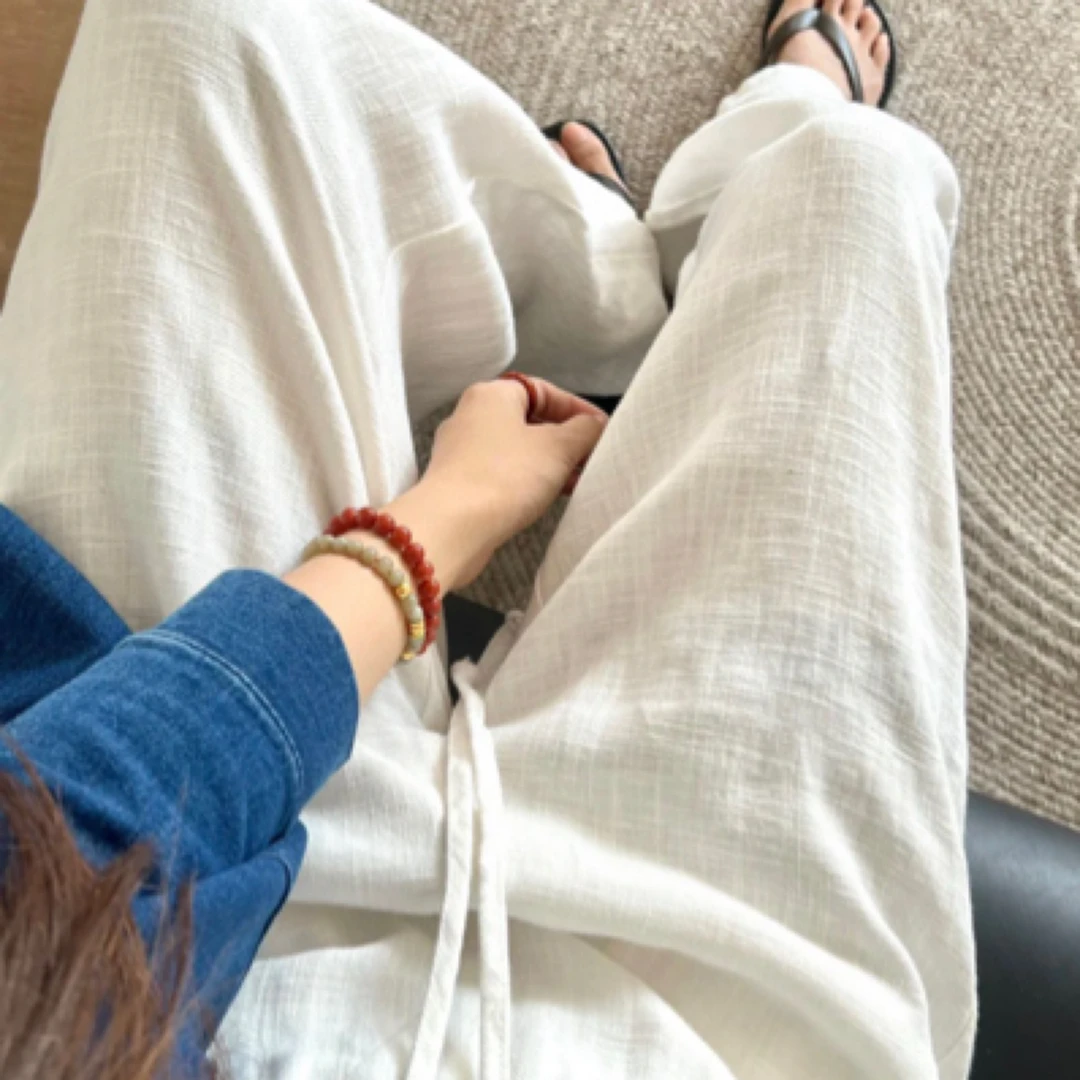 韩国东大门代at the able 2025夏新款慵懒风亚麻阔腿女垂感长裤#