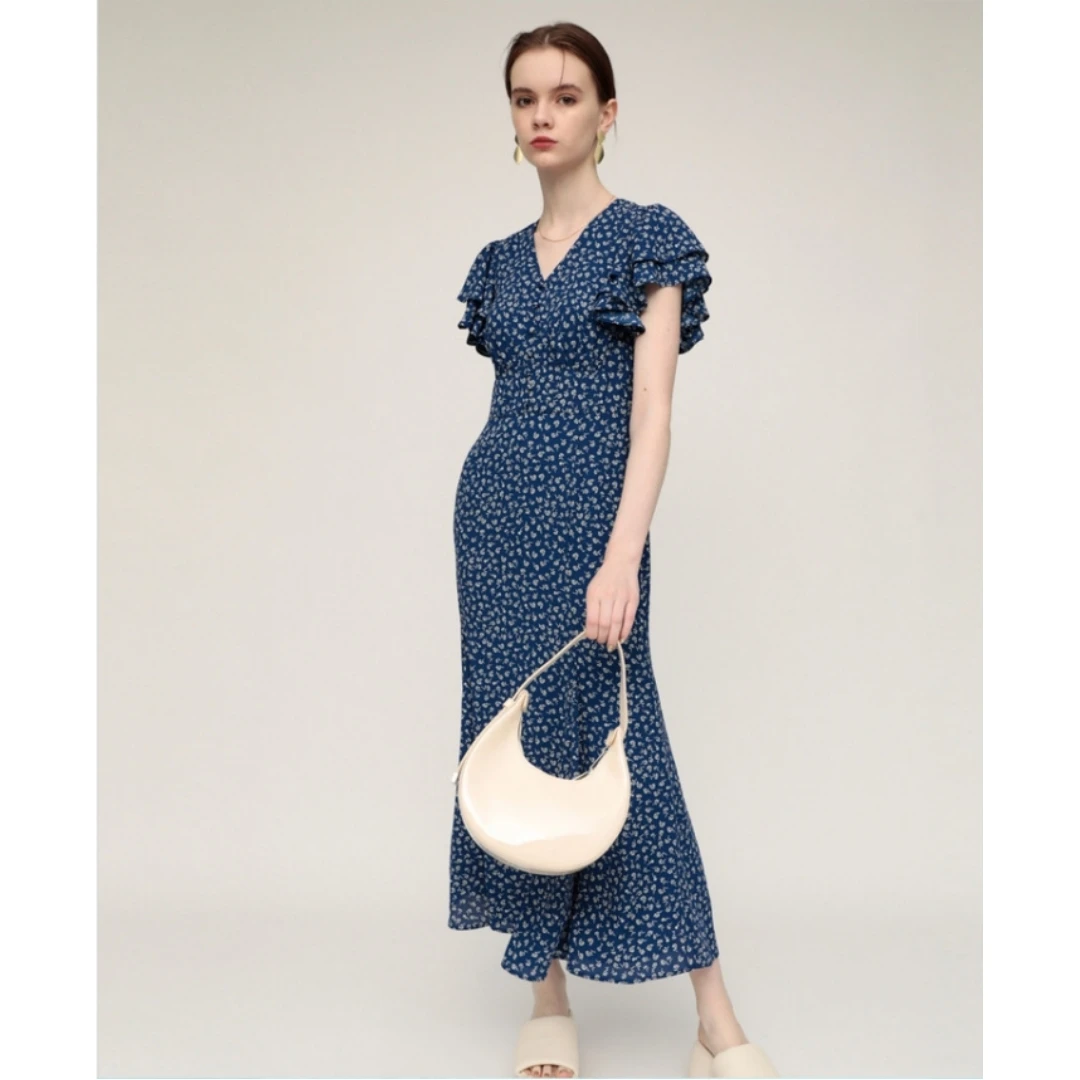 【DD外贸】 夏季新款 S 法式度假风V领花瓣袖碎花连衣裙