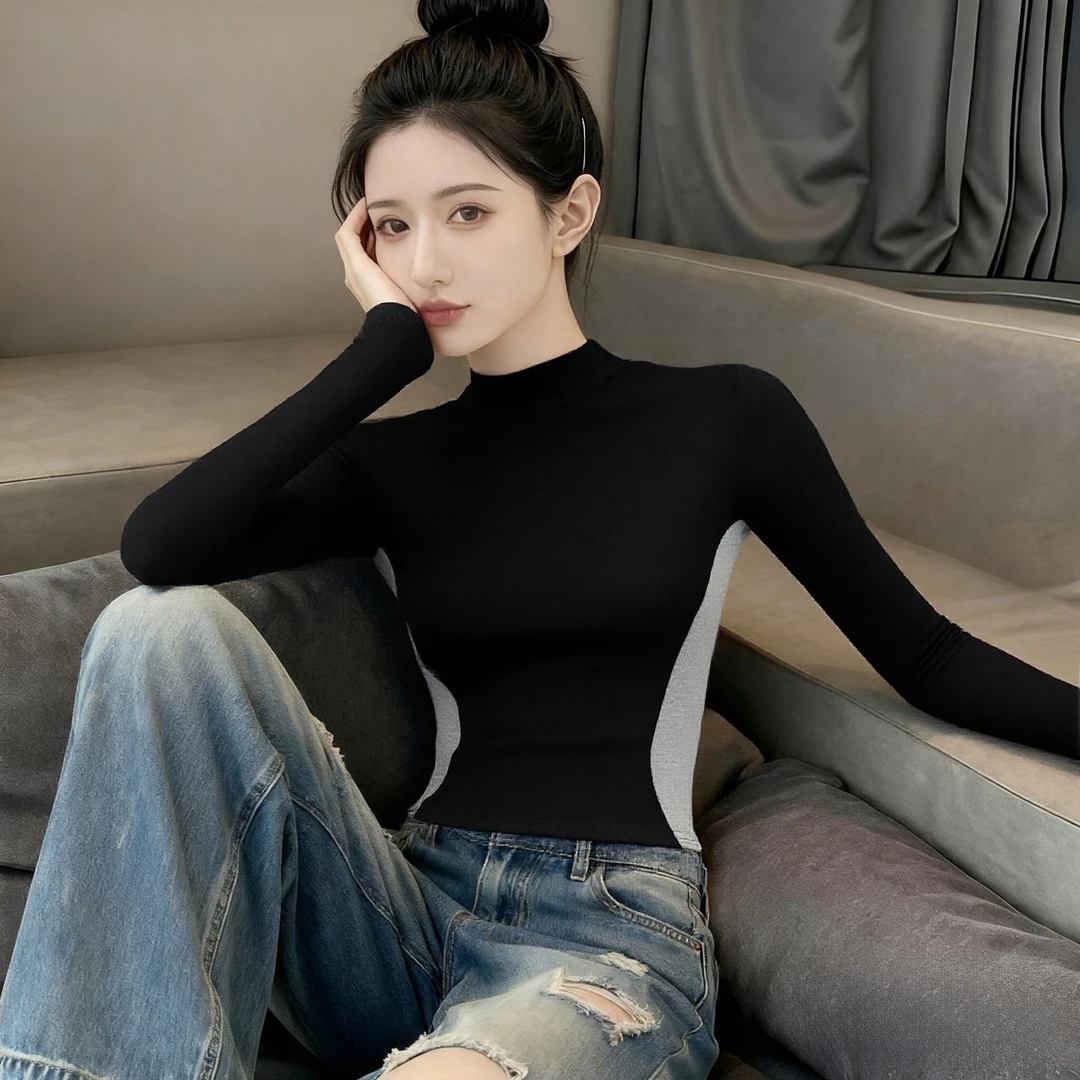 2025春秋新款半高领撞色长袖女黑拼暗灰高级感显瘦修身打底上衣服