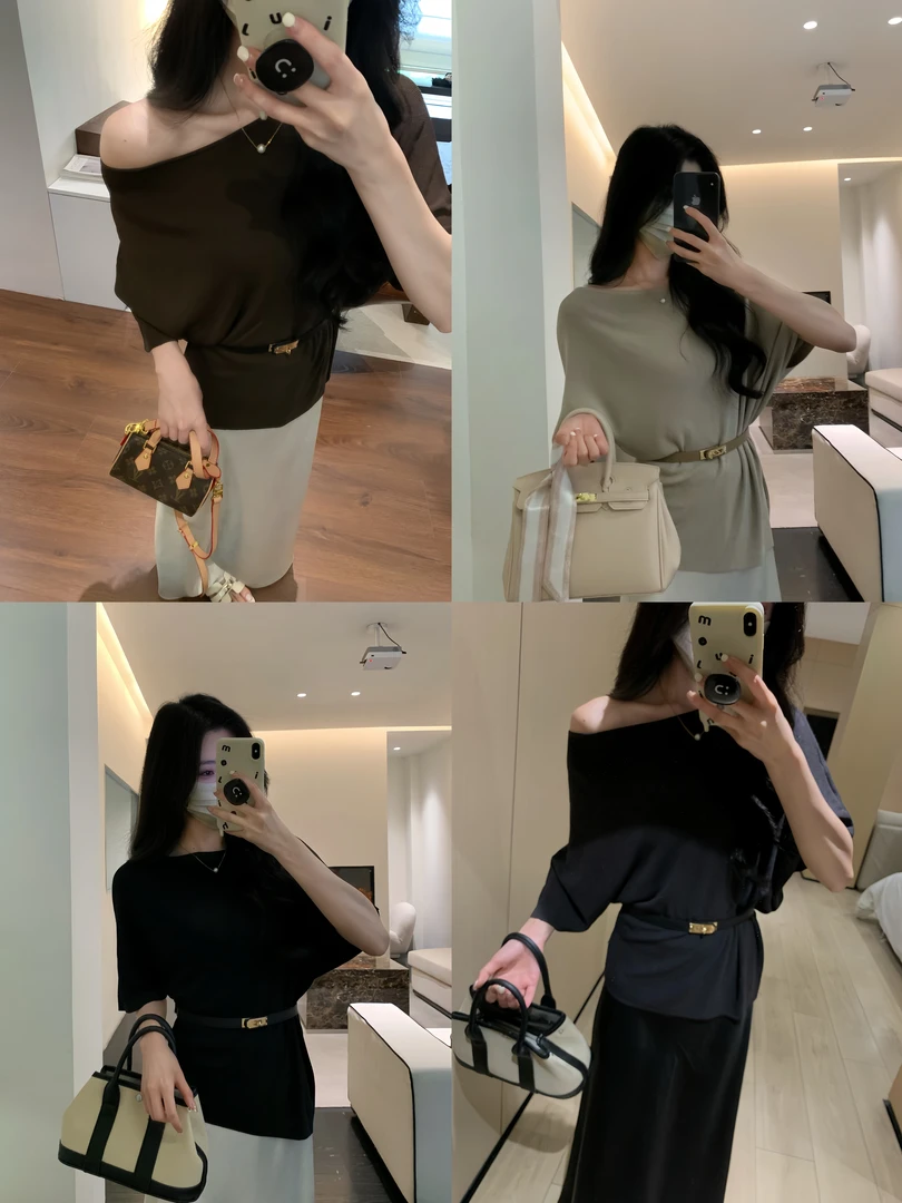 新品夏季法式圆领冰丝针织衫女宽松上衣(配腰带)6129#A