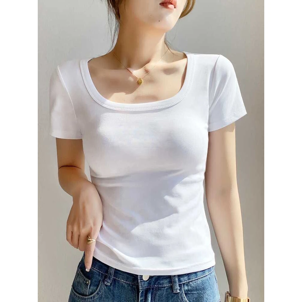 纯棉白色正肩短袖t恤女2025夏季新款露锁骨修身方领气质打底上衣