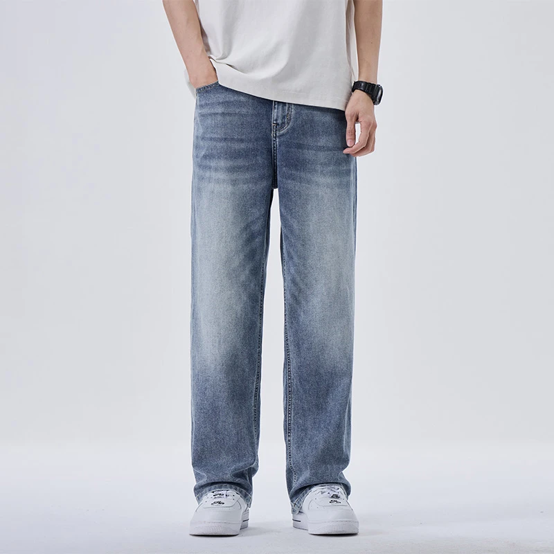 夏季牛仔裤复古大码男士休闲百搭春夏薄款宽松水洗牛仔潮流时尚