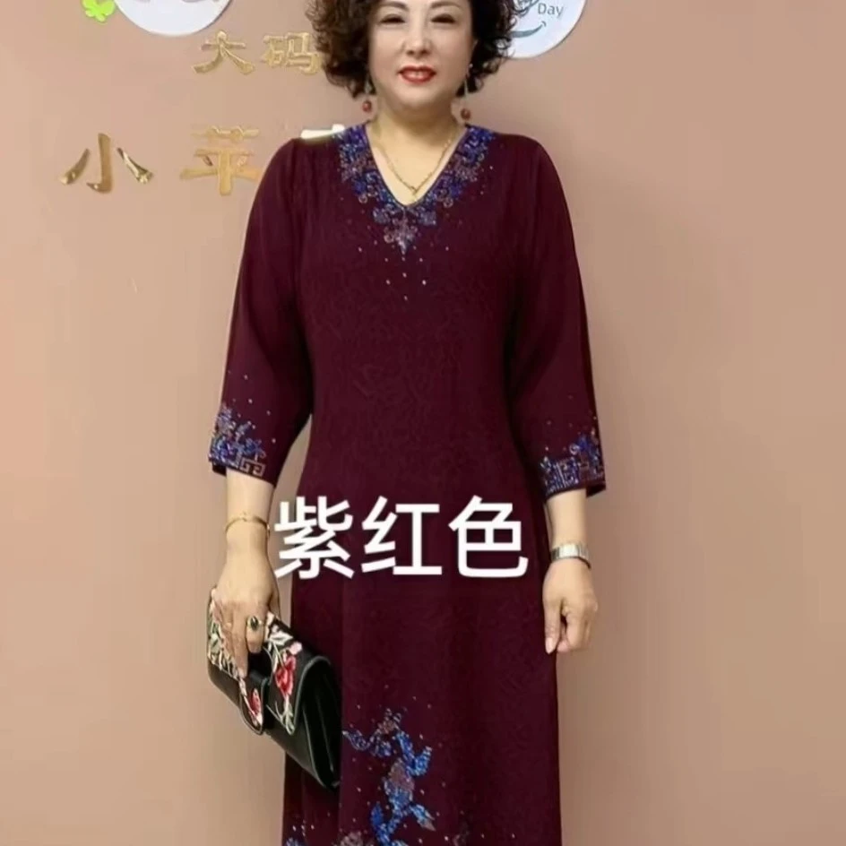 重工烫钻冰麻针织V领中长连衣裙适合中老年妈妈