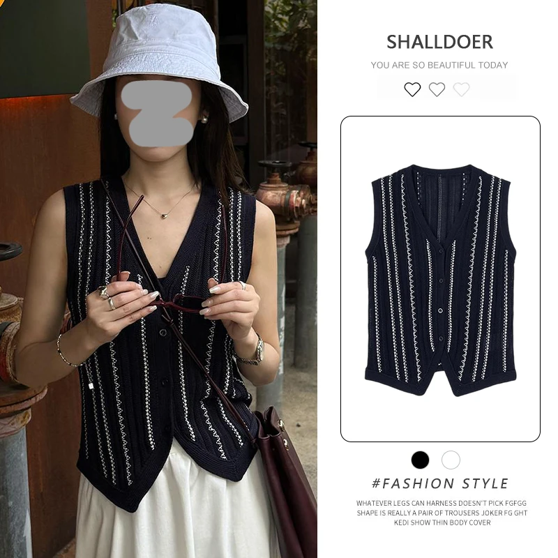 2025夏季新款V领撞色条纹无袖针织衫女士爆款提花镂空高级感上衣