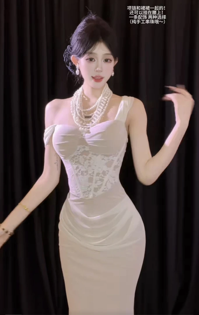 XQIN【爵士酒廊】吊带珍珠气质修身连衣裙QXQHZ48704