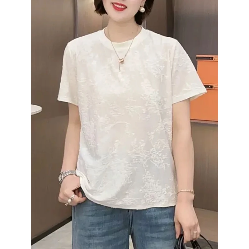 8303 欧货爆款提花短袖t恤女2025夏季款宽松气质减龄半袖