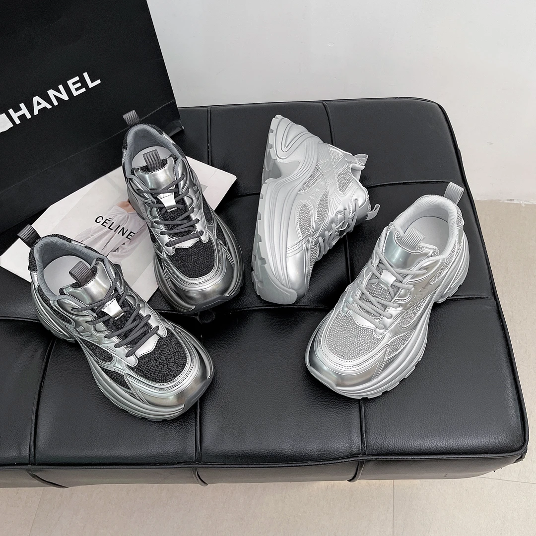 [酷酷世家]轻奢水钻厚底真皮老爹鞋女2025春季新款百搭运动休闲鞋