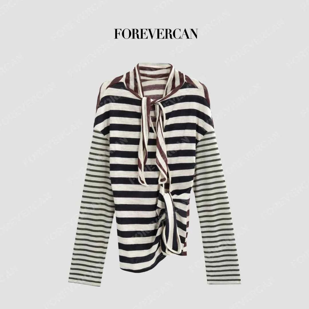 FOREVERCAN"条纹玩家"不规则条纹拼接假两件T恤上衣ST10046