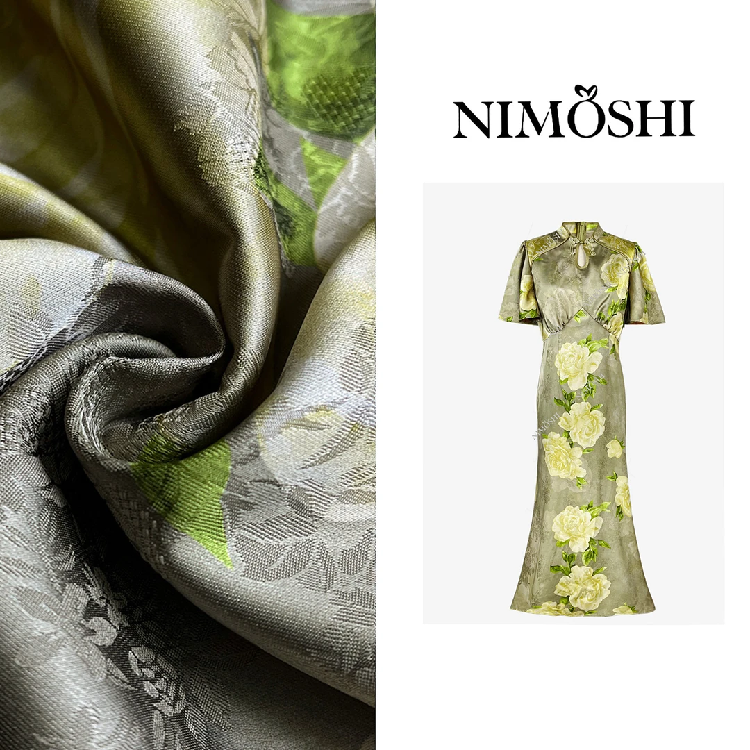 【莎总专属】夏季新款国风荷花印花鱼尾设计气质显瘦连衣裙Q2203