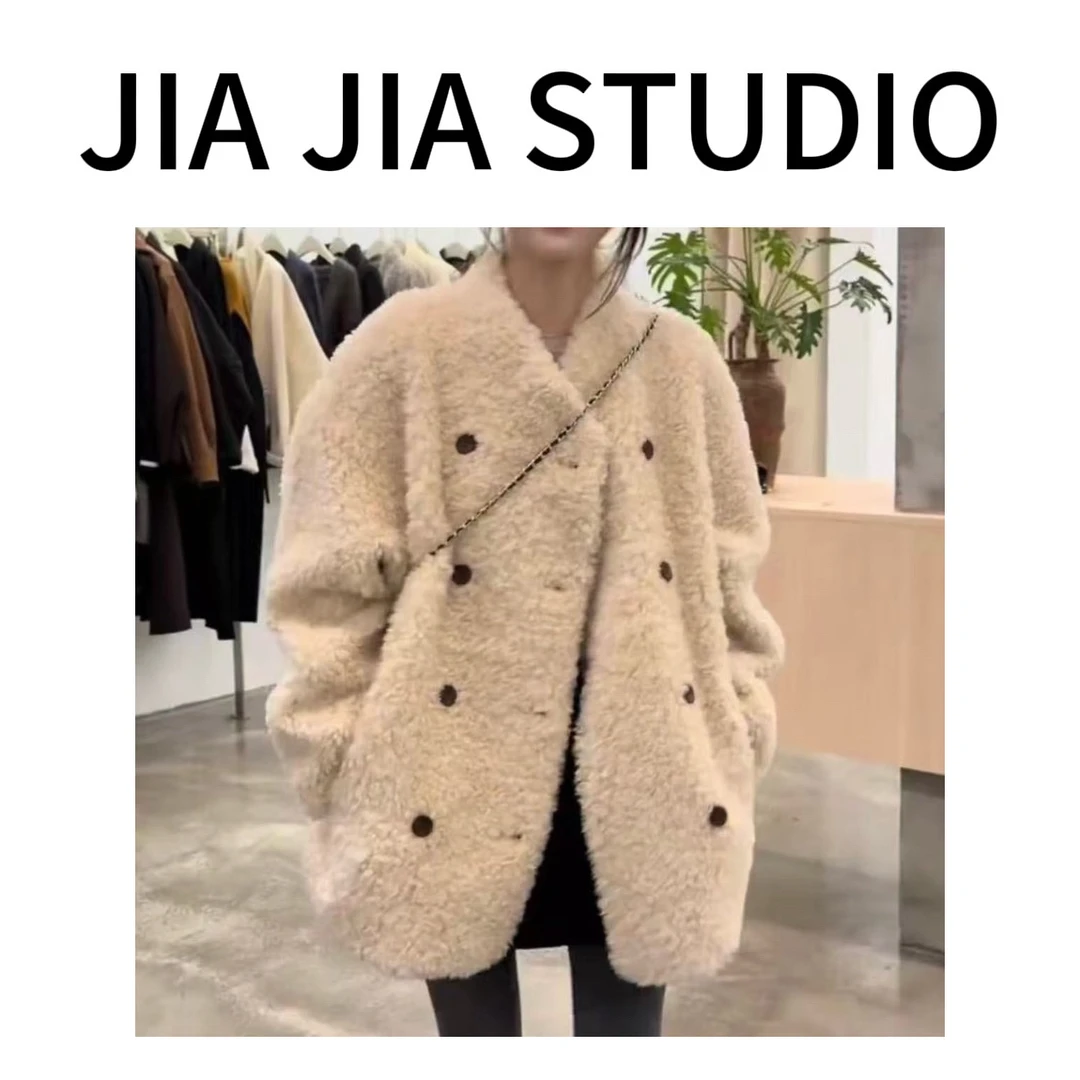嘉嘉推荐#8102【冬季加厚款】韩系慵懒风加厚双排扣毛毛外套