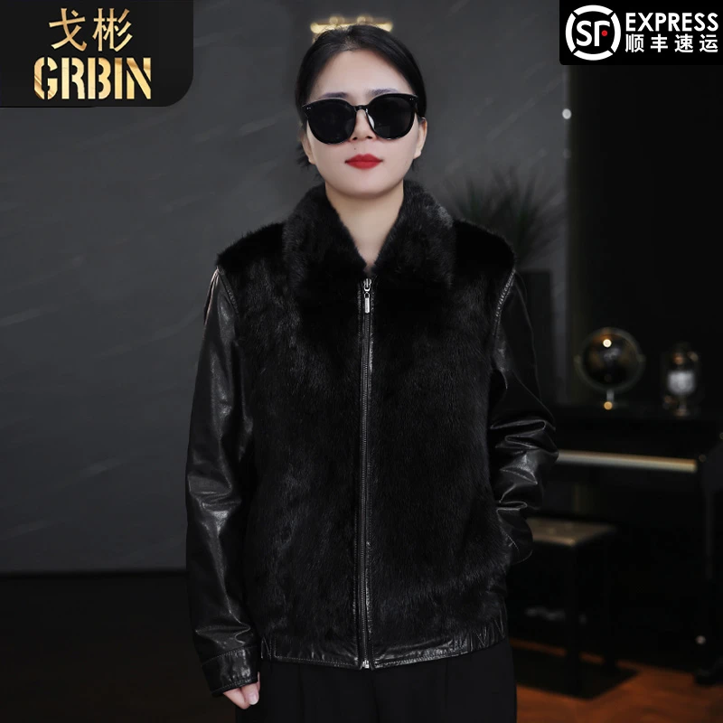 戈彬男士冬季保暖头层羊皮外套新款貂毛羽绒内胆休闲翻领高档外套