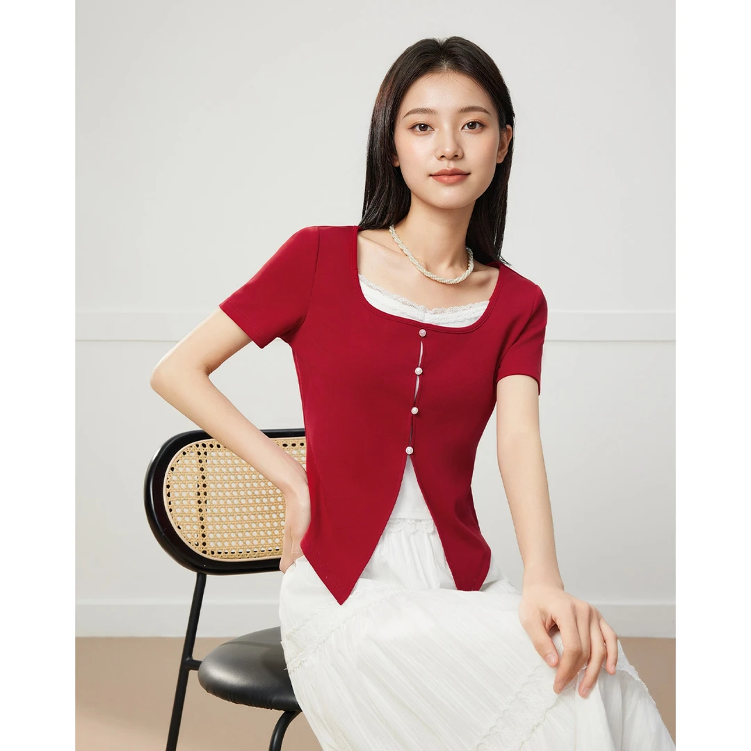 IEF/爱依服短袖2025春夏新款甜美假两件设计通勤显瘦上衣流光风