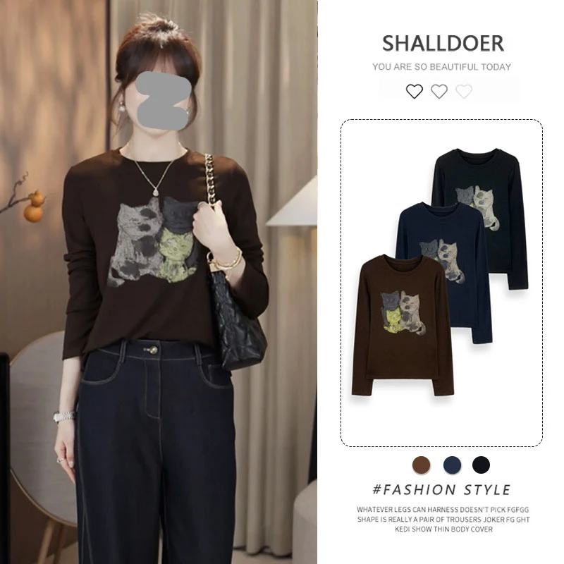 2025秋新款韩系休闲百搭设计感圆领小众长袖T恤女慵懒风上衣