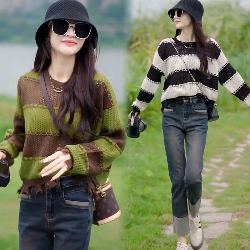 蓝海奕诺时尚撞色条纹针织衫女2025秋季新款宽松显瘦流苏薄毛衣潮