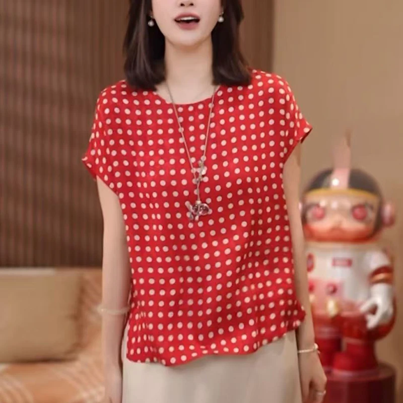 红色波点设计感短袖衬衫女夏季2025新款时尚显瘦减龄遮肚休闲上衣