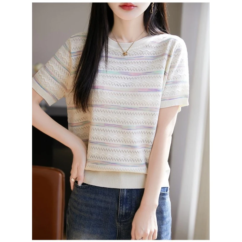 莱赛尔天丝短袖t恤女2025新款显瘦条纹女夏季薄款冰丝针织衫上衣5
