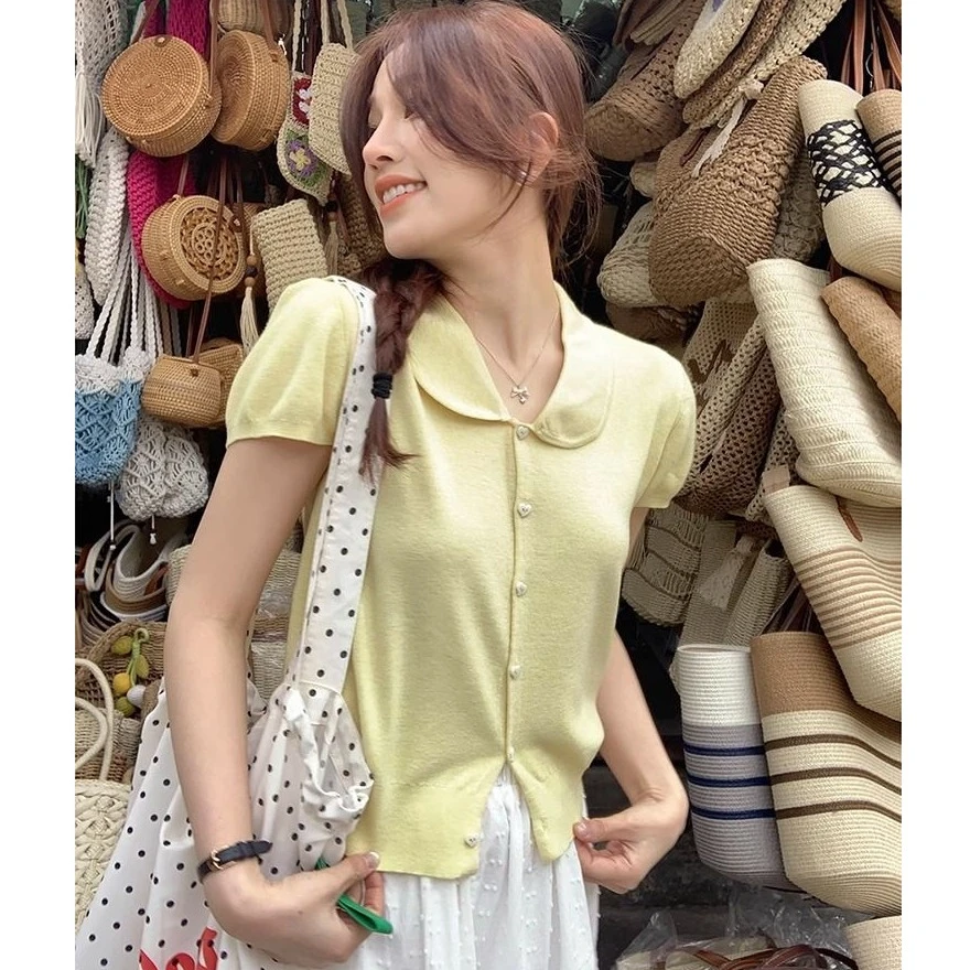 黄色娃娃领飞飞袖短袖t恤小个子针织短款翻领正肩上衣女夏季女装