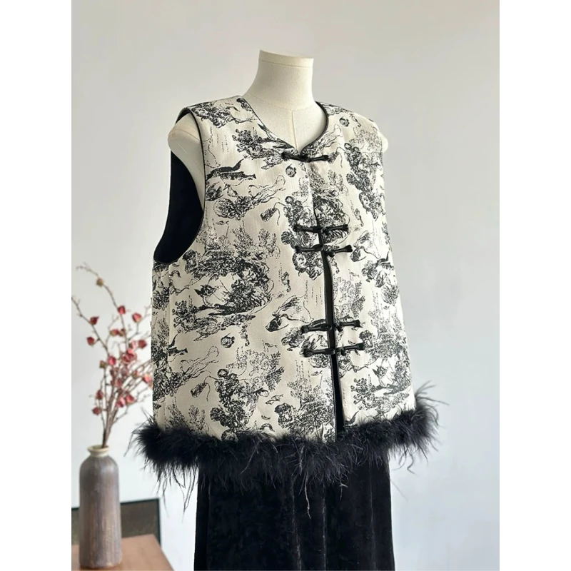 高级感新中式马甲夹棉圆领轻国风水墨盘扣唐装真鸵鸟毛毛外穿上衣