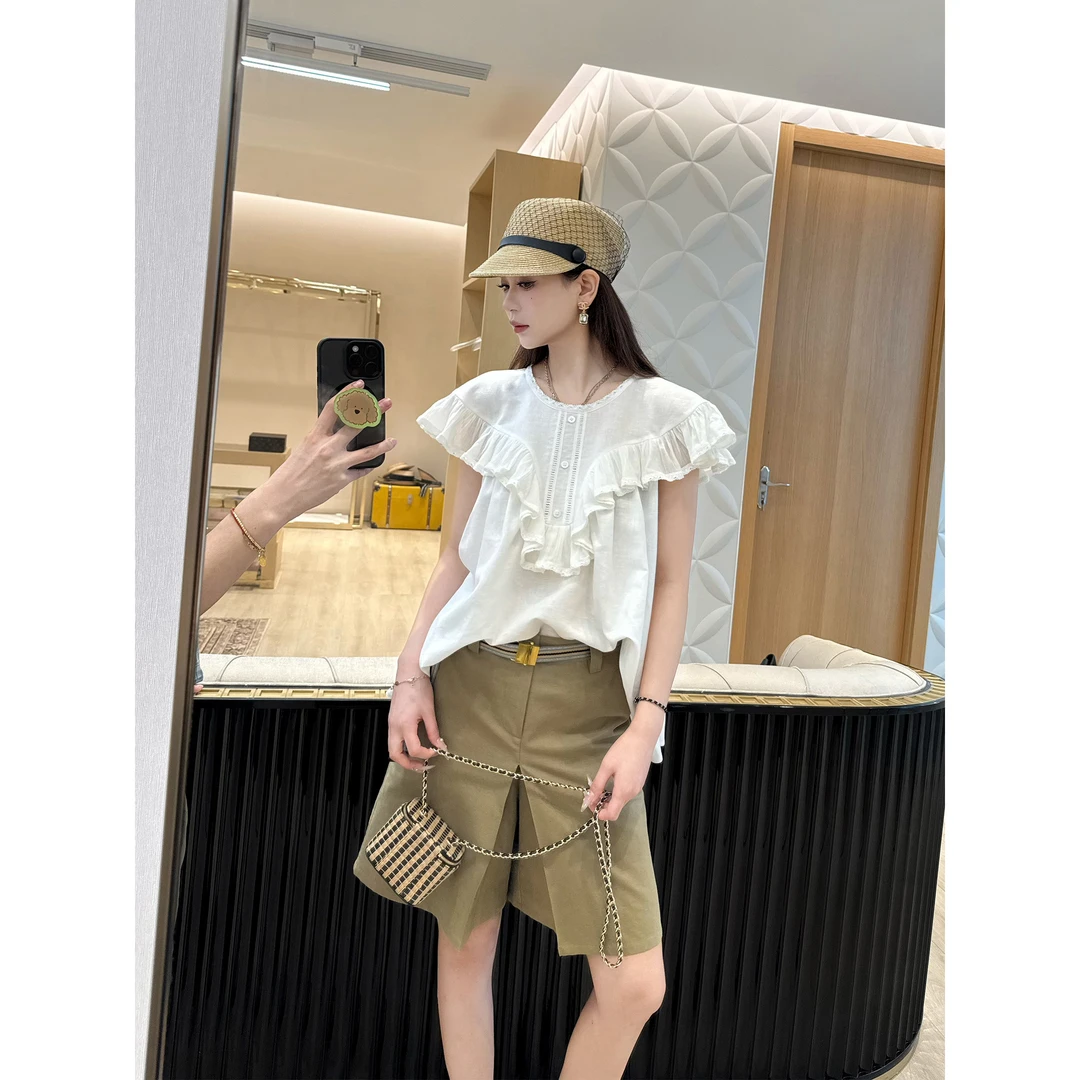 NancyCavally专柜款凉爽亲肤感棉麻 轻甜风浪漫荷叶花边A摆上衣