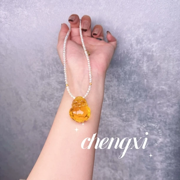天然原矿蜜蜡s925金珀净水胖貔貅珍珠项链