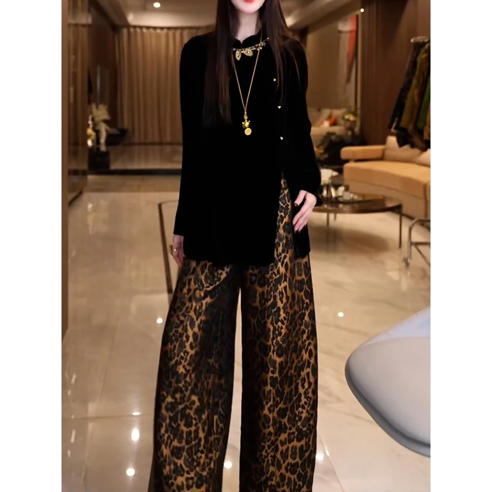 时尚洋气裤套装女2025秋季新款设计感下摆开叉百搭上衣+豹纹裤子