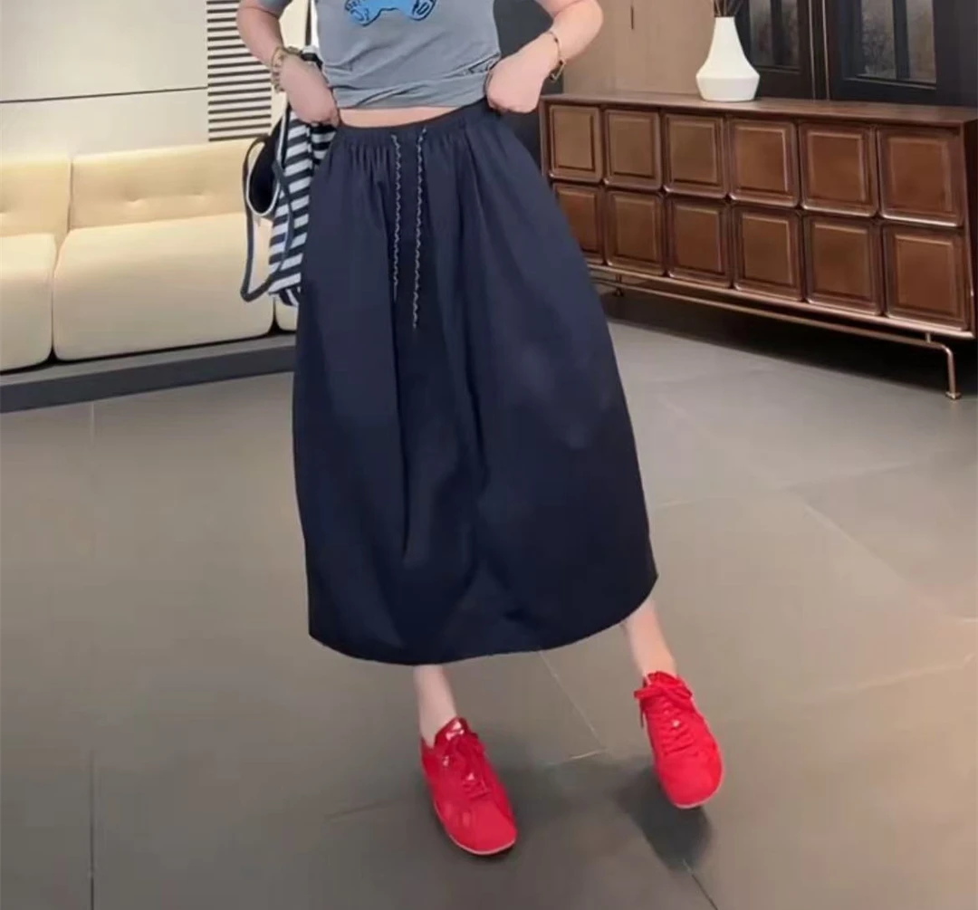 夏季高腰拼接a字裙薄款复古宽松休闲半身裙中长款韩版工装花苞裙